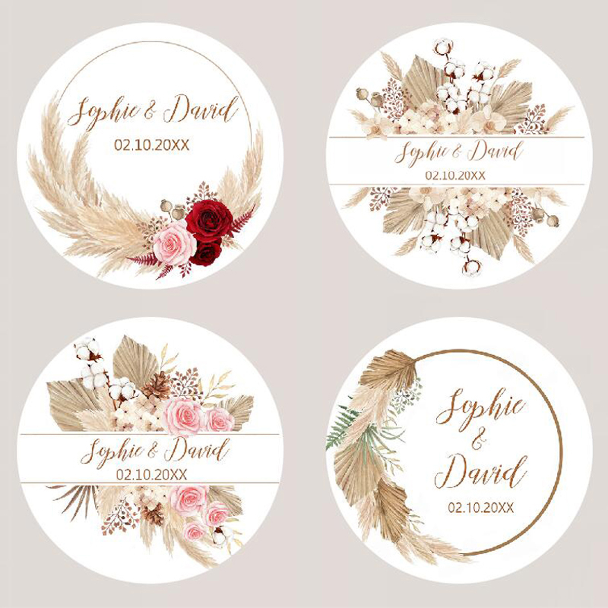Personalised Candle Label - 96Pcs Pampas Grass Stickers for Wedding