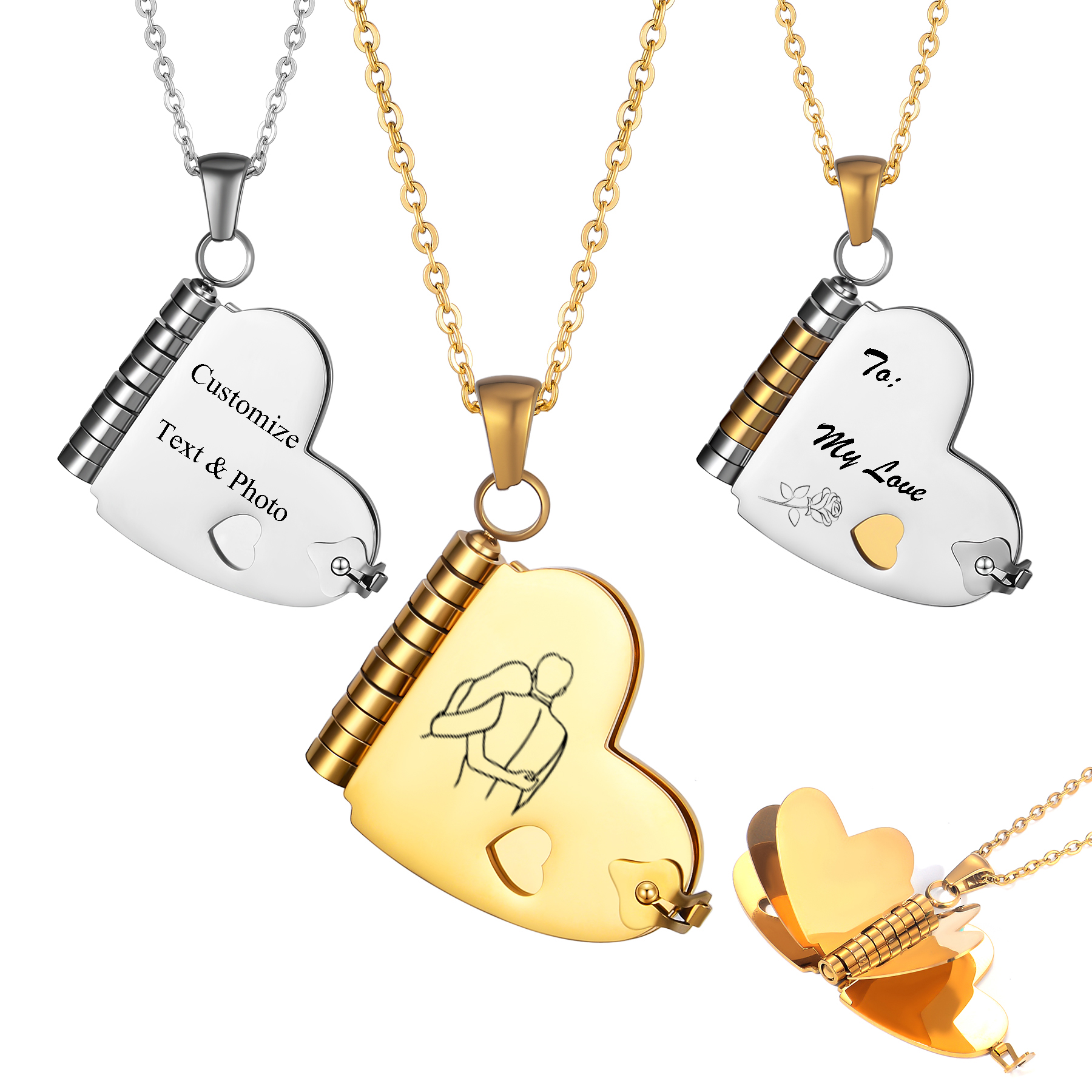 Custom Photo Book - Personalized Stainless Steel Heart Book Pendant
