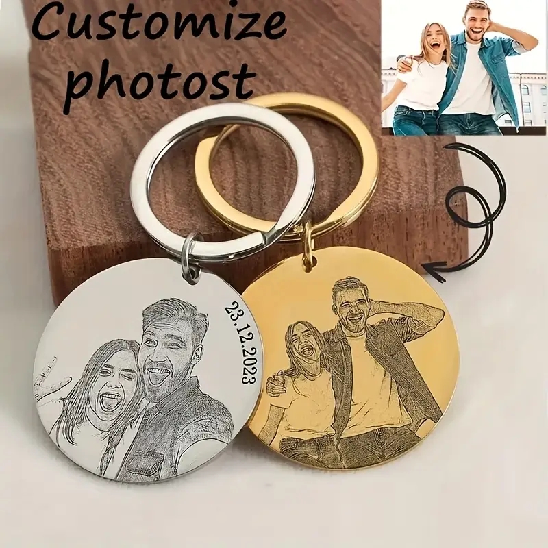Initial Ring Custom - Personalized Engraved Portrait Key Ring, Photo