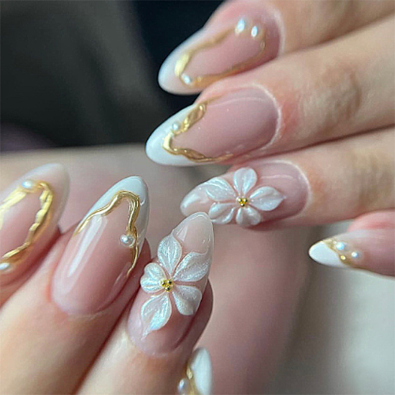 Pressed Flower Art - 24pcs Flower Long Almond Press on