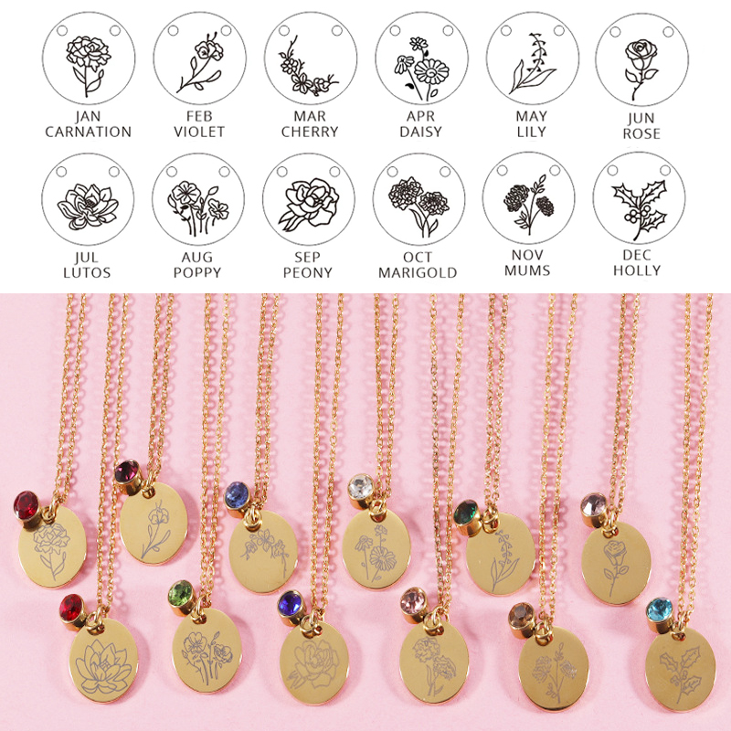 Birth Flower Necklace - Crystal Birthstone Necklace for Women Birth