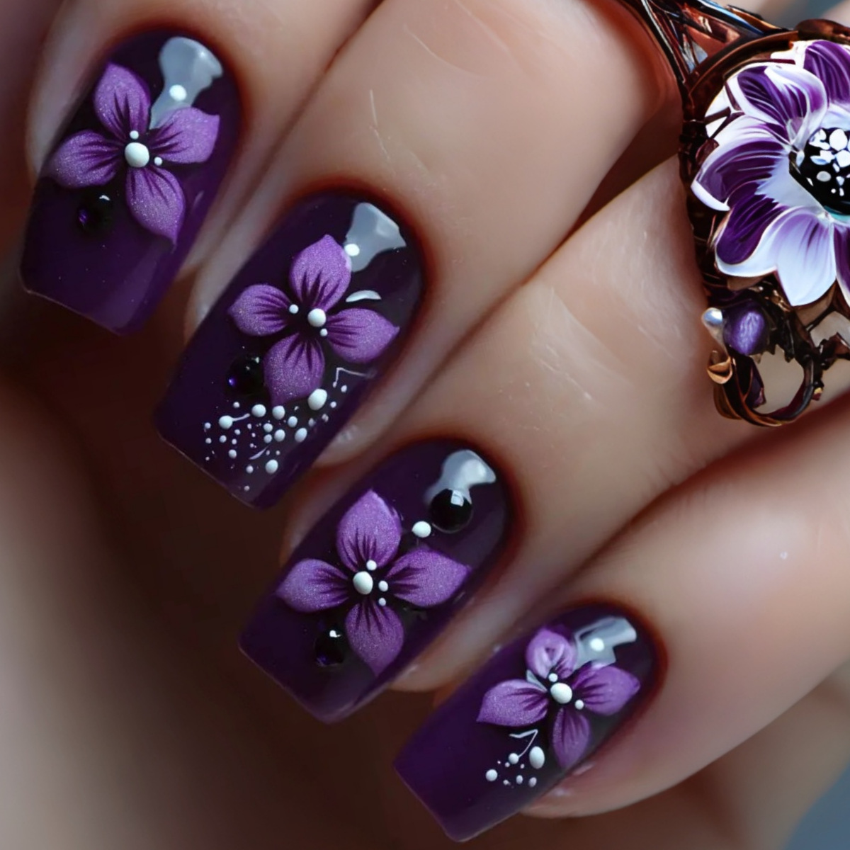 Pressed Flower Art - Medium square fake nails for women