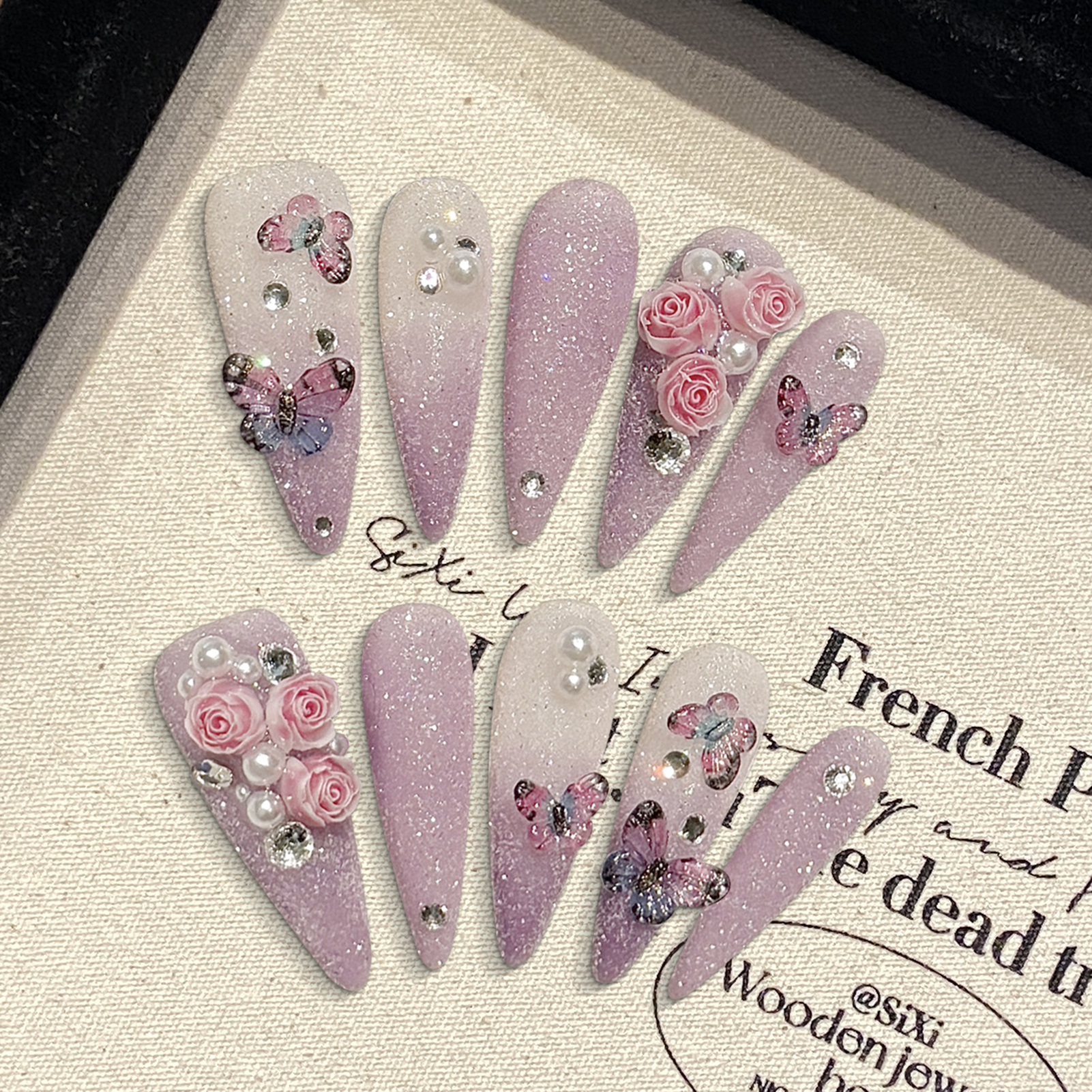 Pressed Flower Art - 10pcs Long Stiletto Handmade Fake Nails