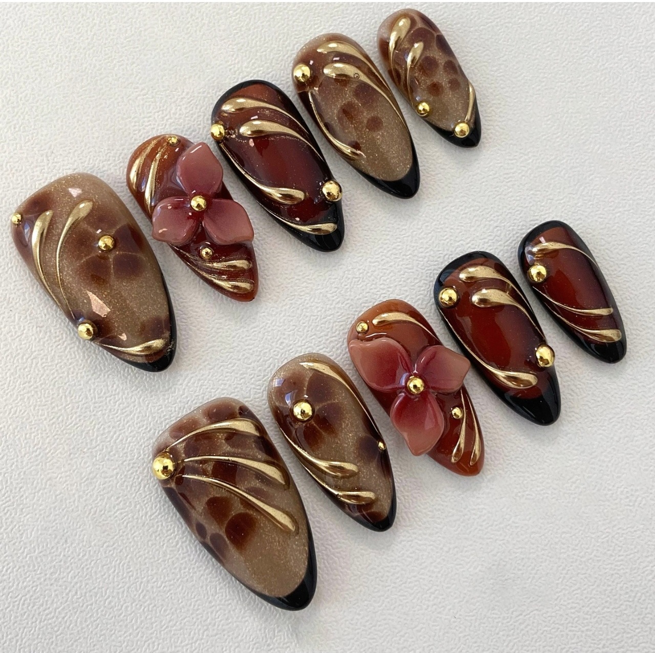 Pressed Flower Art - 24pcs Leopard Print Brown Nails Art