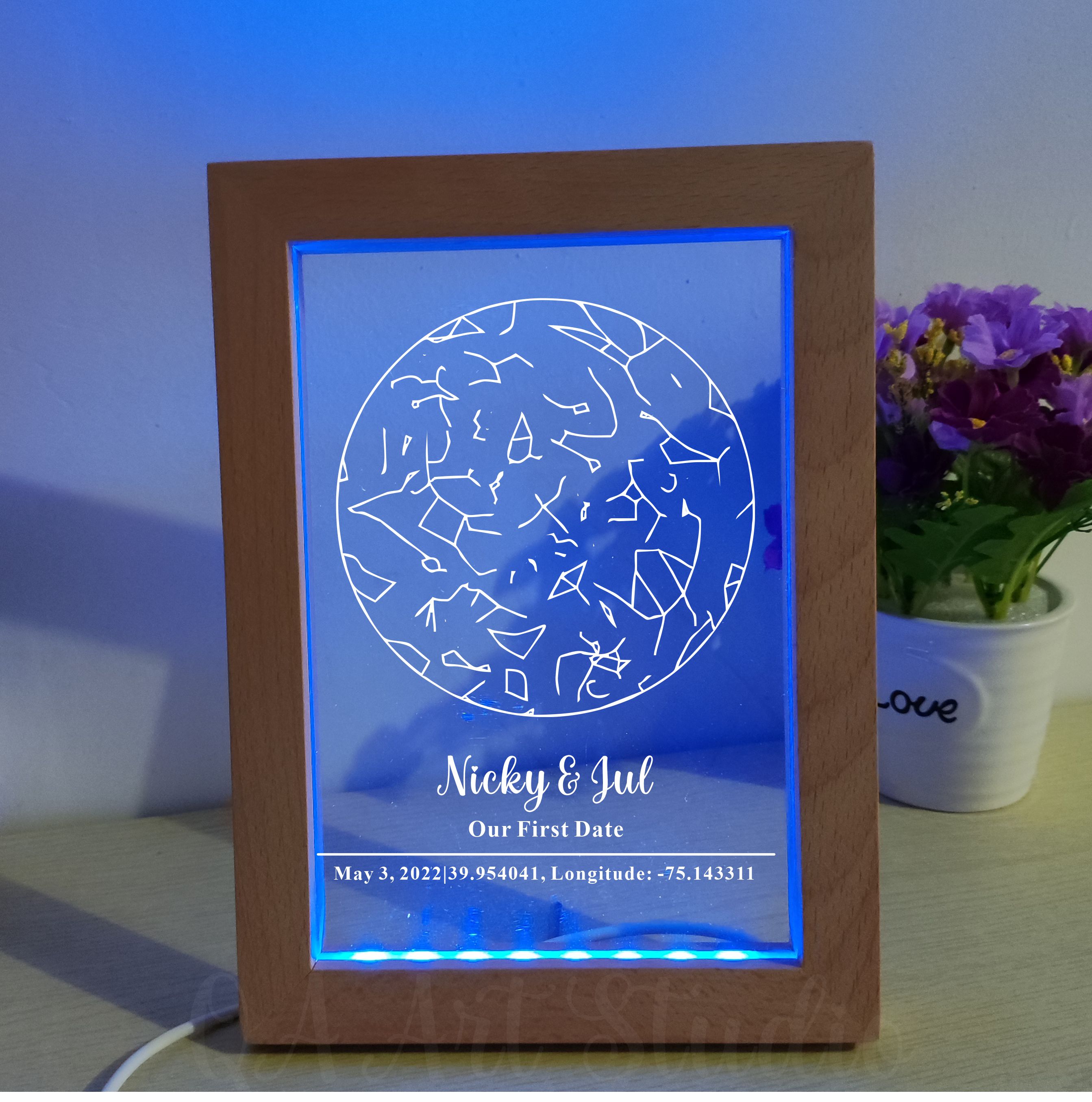 Custom Star Map - Personalized Wooden Acrylic Night Light Round