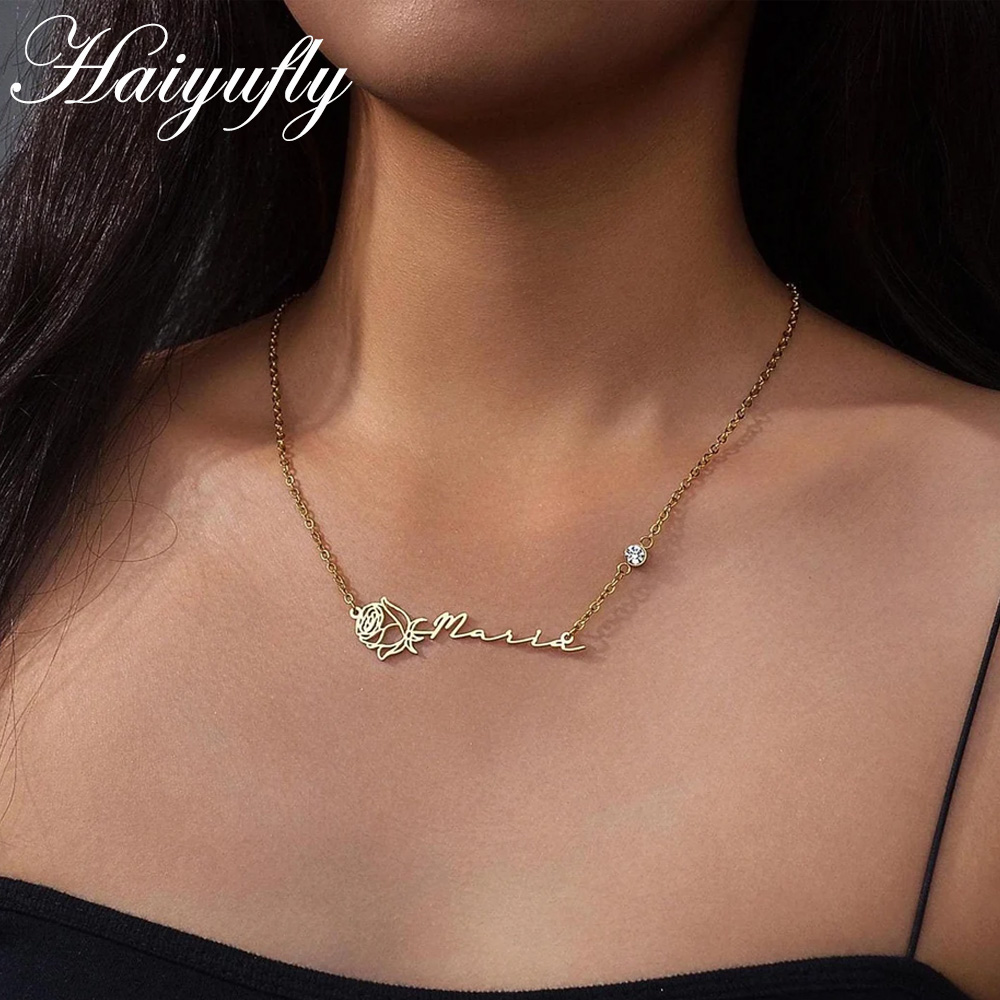 Birth Flower Necklace - Haiyufly Personalized Custom Name Necklace for