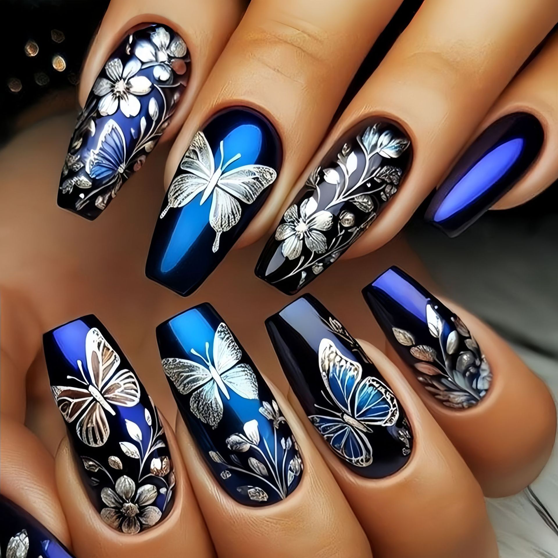 Pressed Flower Art - Medium long fake nails for women