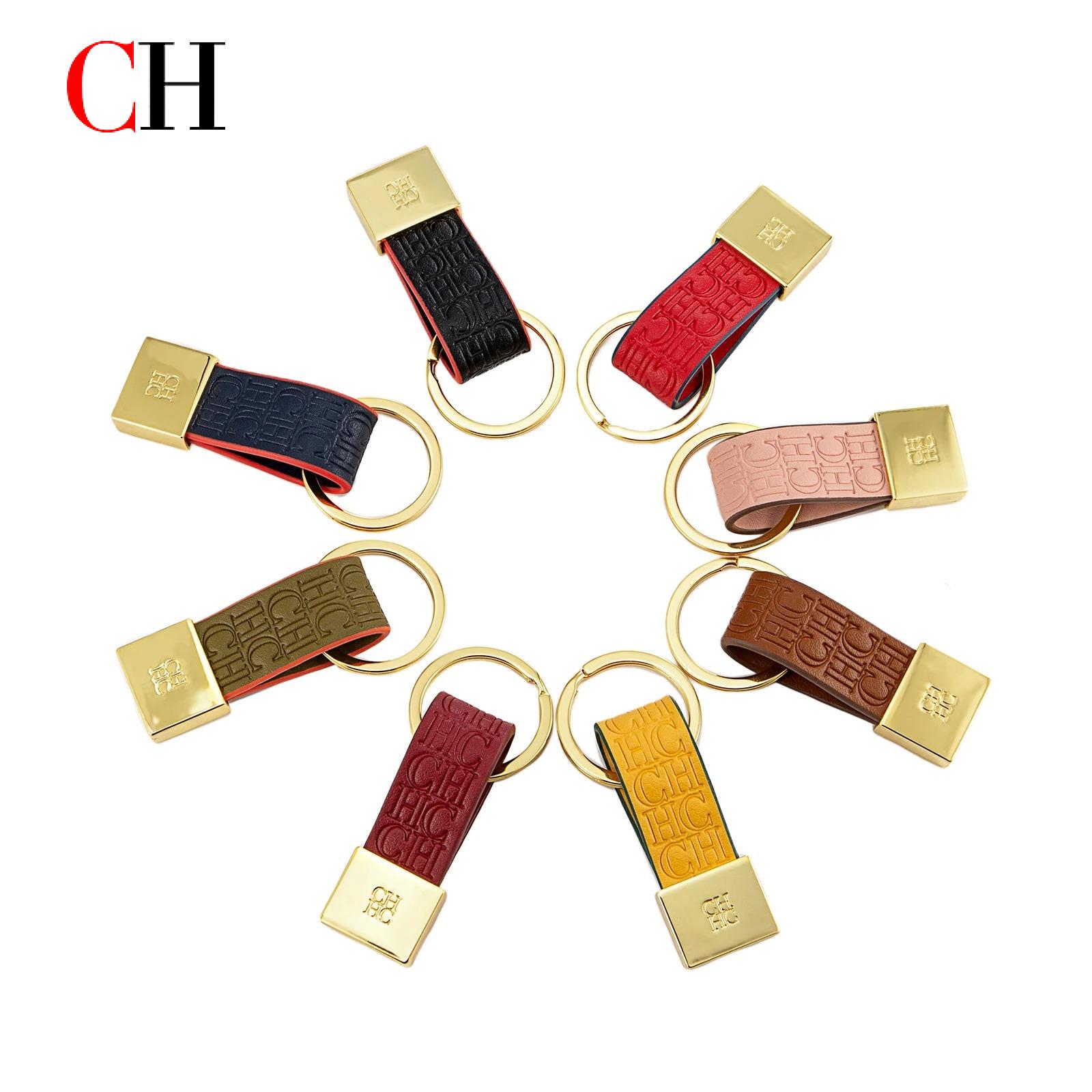 Monogram Keychain Leather - CH Embossed Monogram Leather Keychain Gold