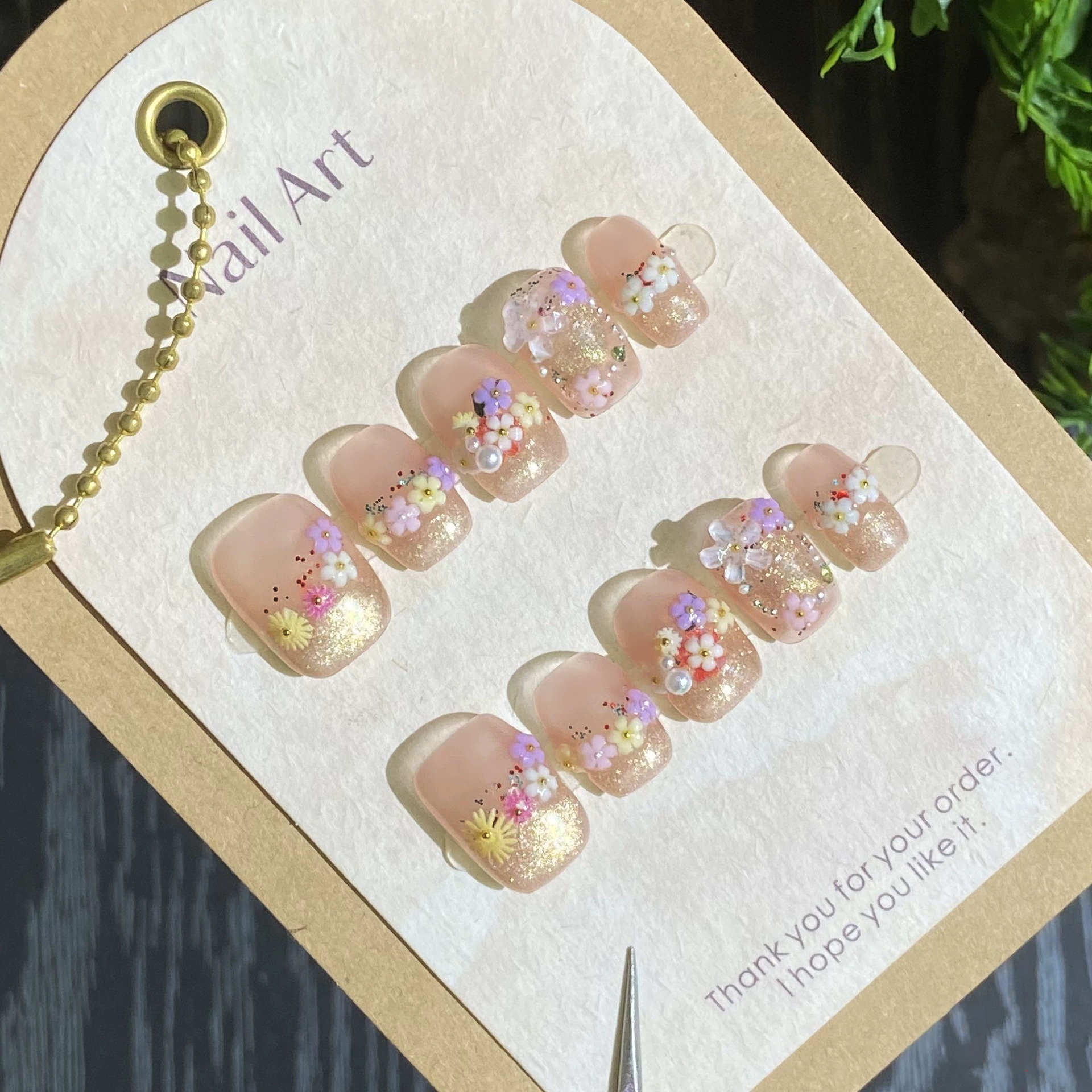 Pressed Flower Art - Handmade Press on Nails Summer Colorful