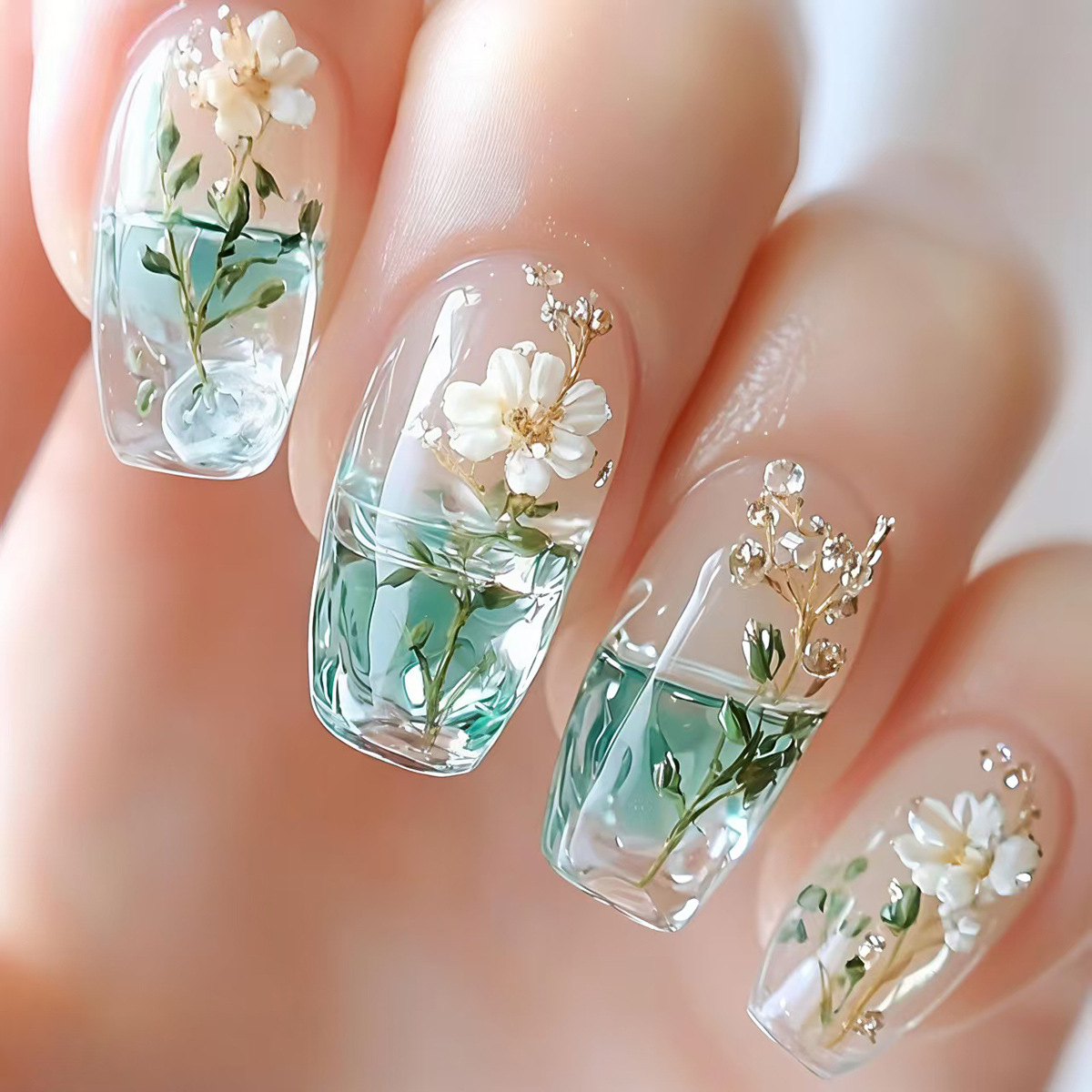 Pressed Flower Art - Medium fake nails for women girls