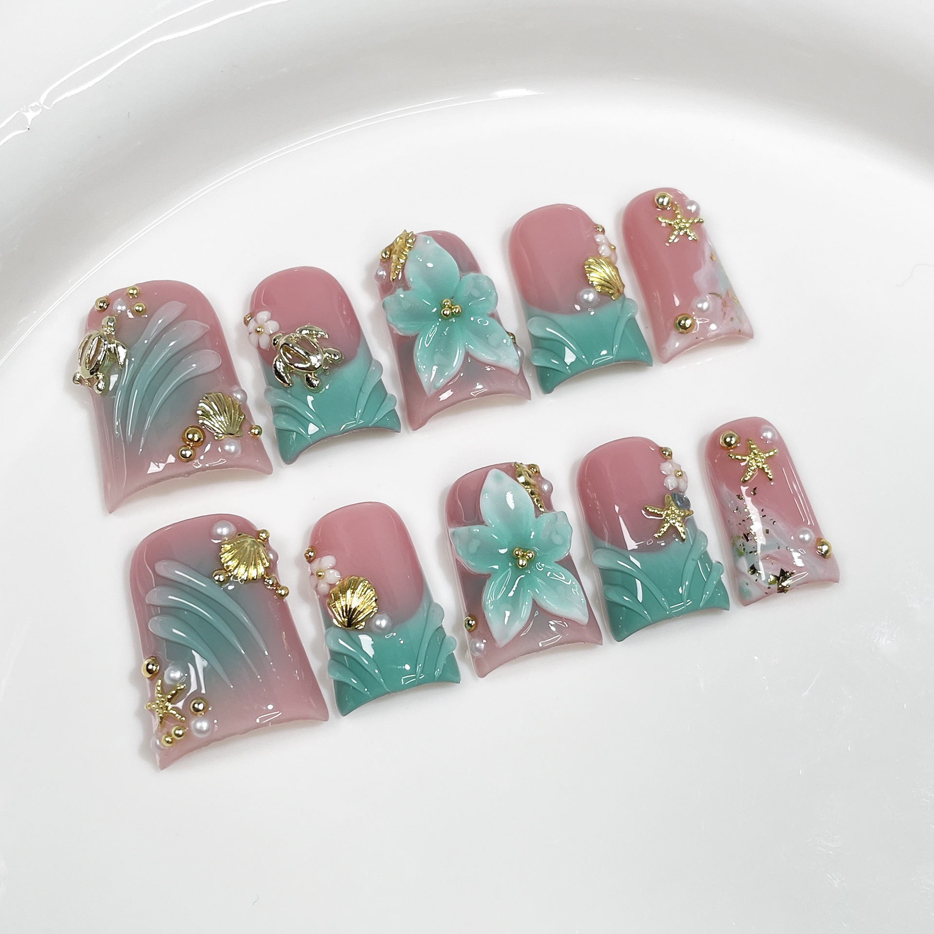 Pressed Flower Art - 10pcs Ocean Style Fake Nails Duck