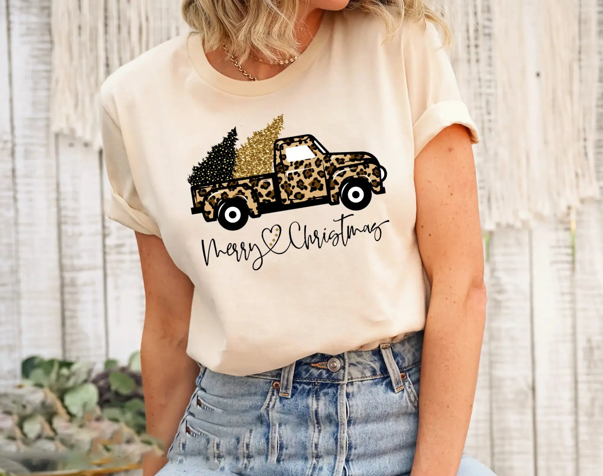 Family Tree Print - Christmas Truck T Shirt Leopard Tree