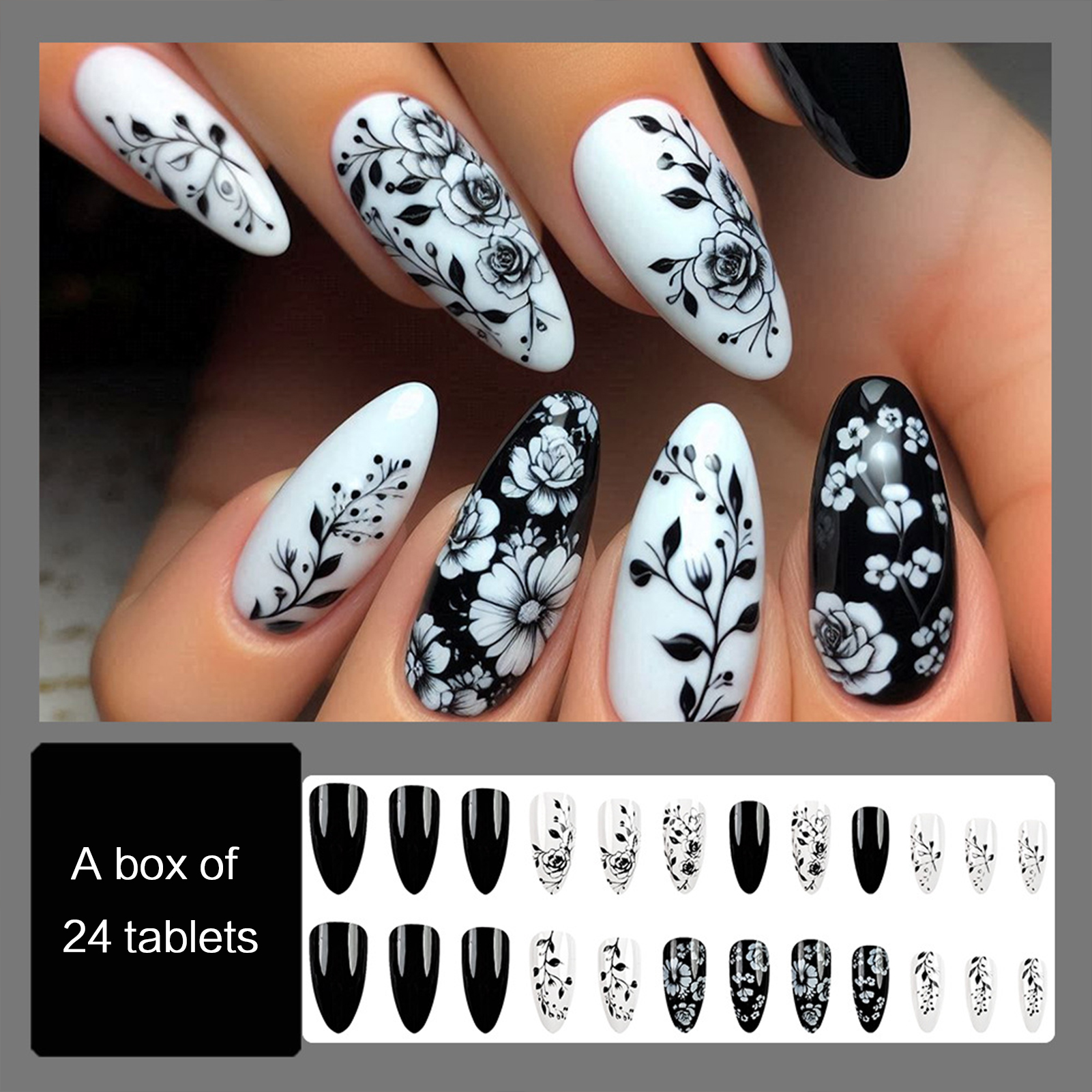 24Pcs Almond Fake Nails Black/ - Pressed Flower Art recension och pris