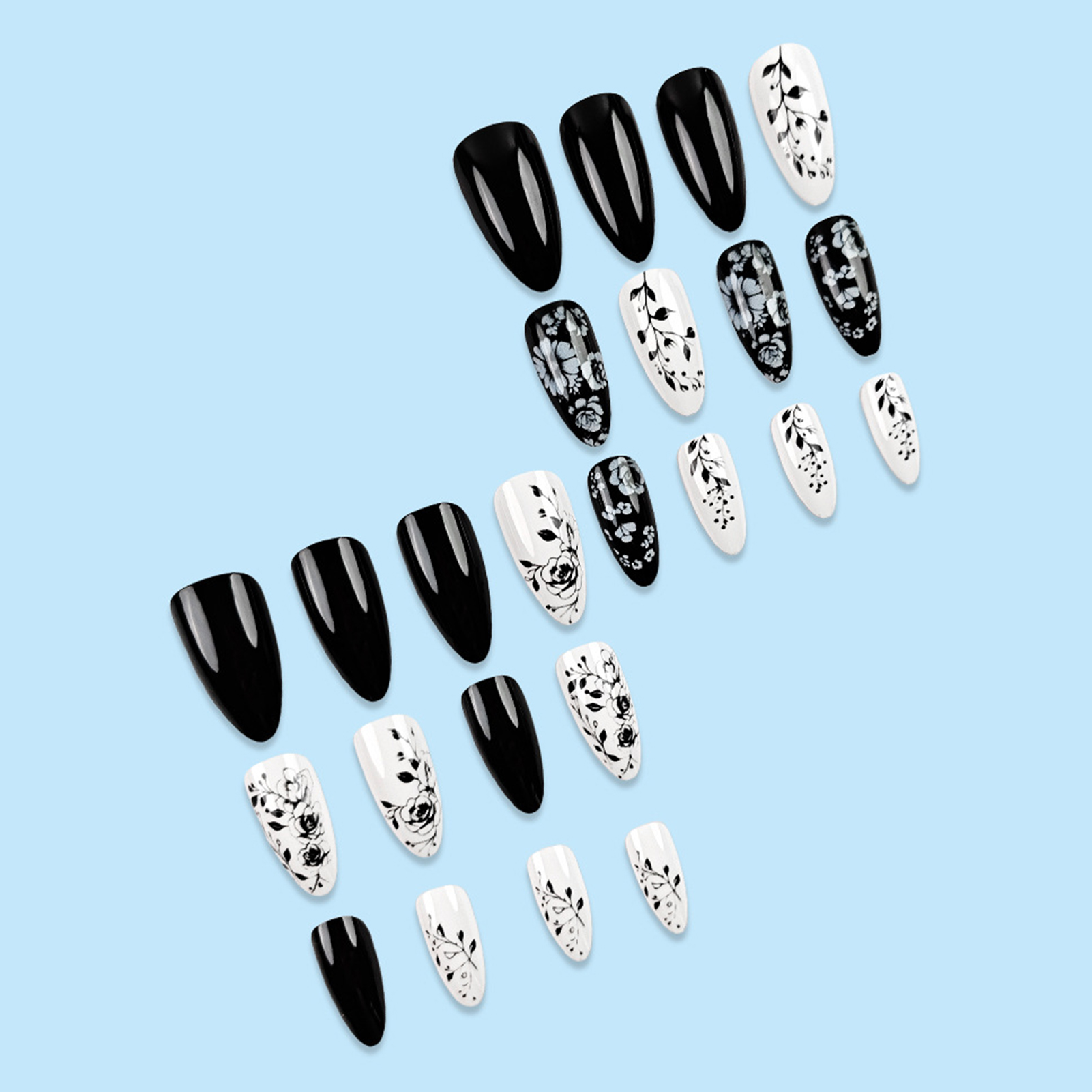 24Pcs Almond Fake Nails Black/ - Pressed Flower Art recension och pris