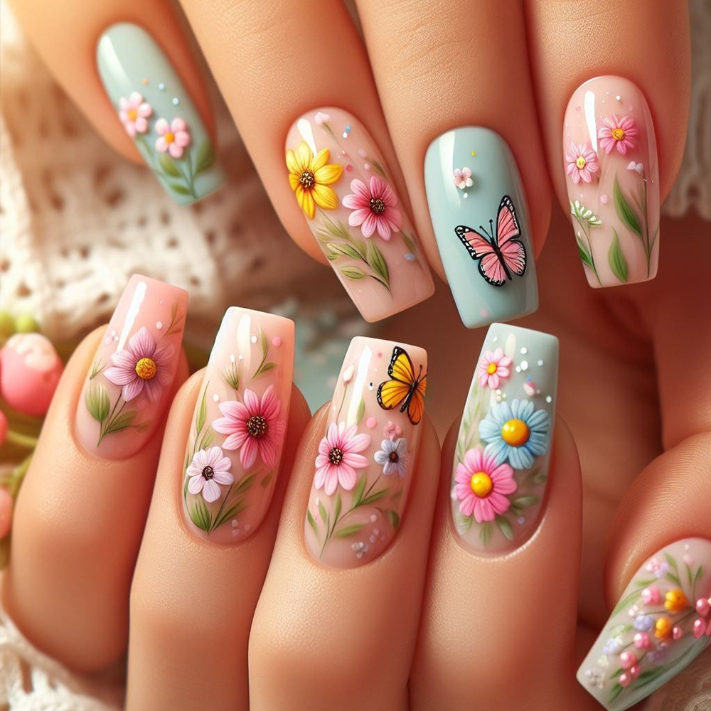 Medium long fake nails gradien - Pressed Flower Art recension och pris