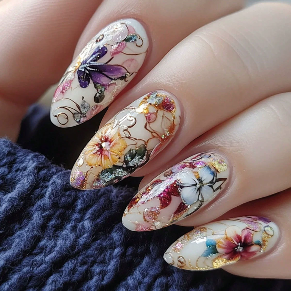 24Pcs Simple Almond Nails Tips - Pressed Flower Art recension och pris