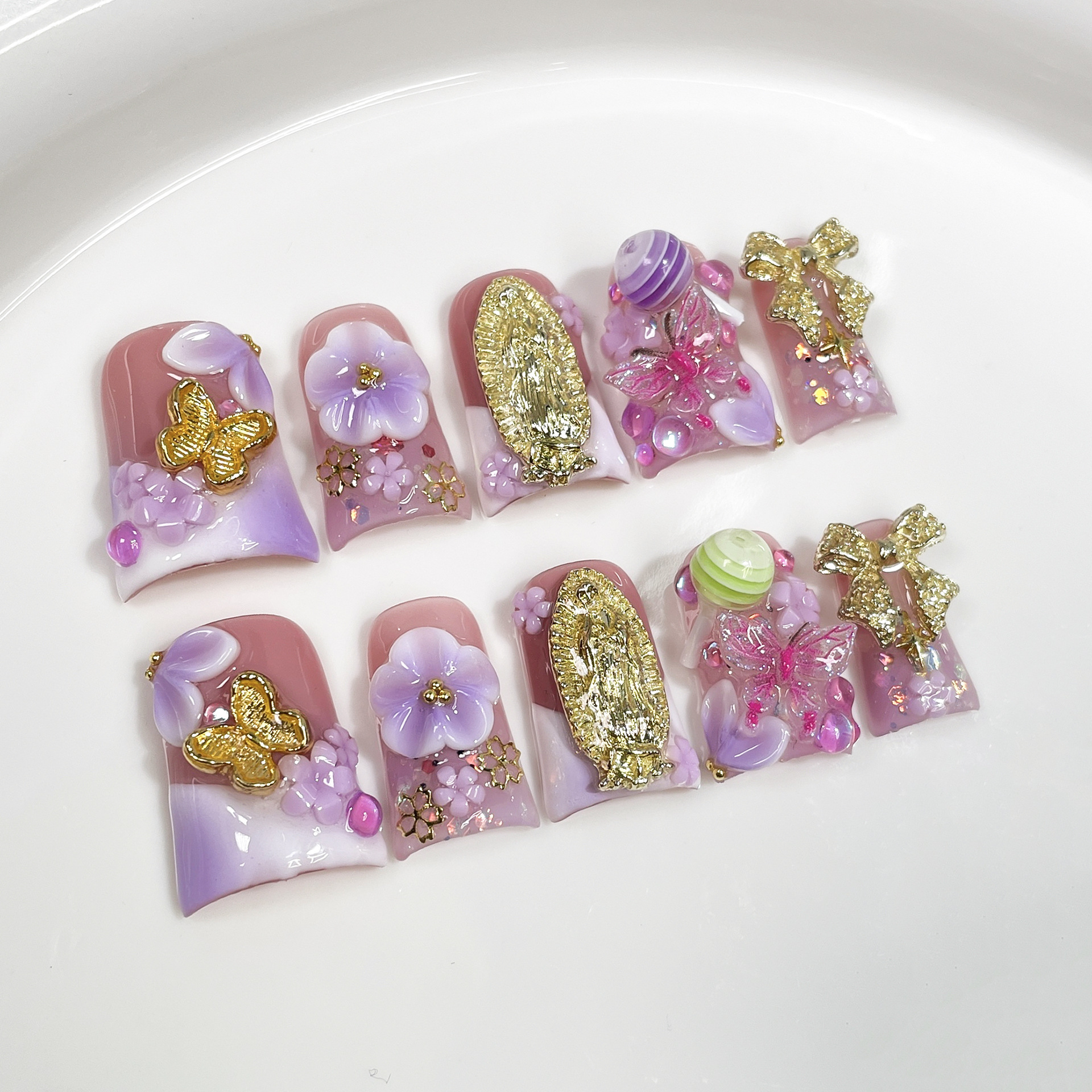 10pcs Ocean Style Fake Nails D - Pressed Flower Art recension och pris